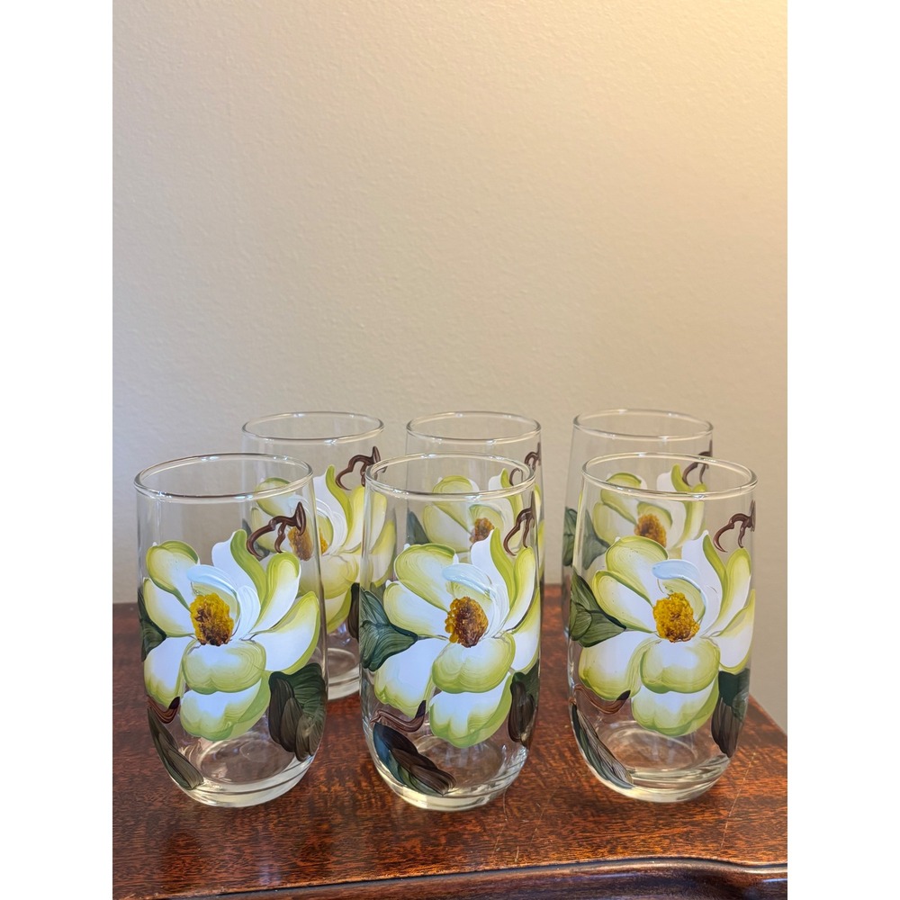 Vintage MCM Bartlett Collins pitcher & glasses set magnolia hand-painted - Picture 7 of 14